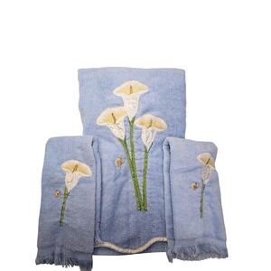 Vintage Cannon Blue Calla Lily Embroidered Towel Set 3pc Bath Hand USA Made